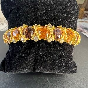 Rare Vtg Adele Simpson Gold-Tone Wire Wrapped & Rhinestone Clamper Bracelet B8